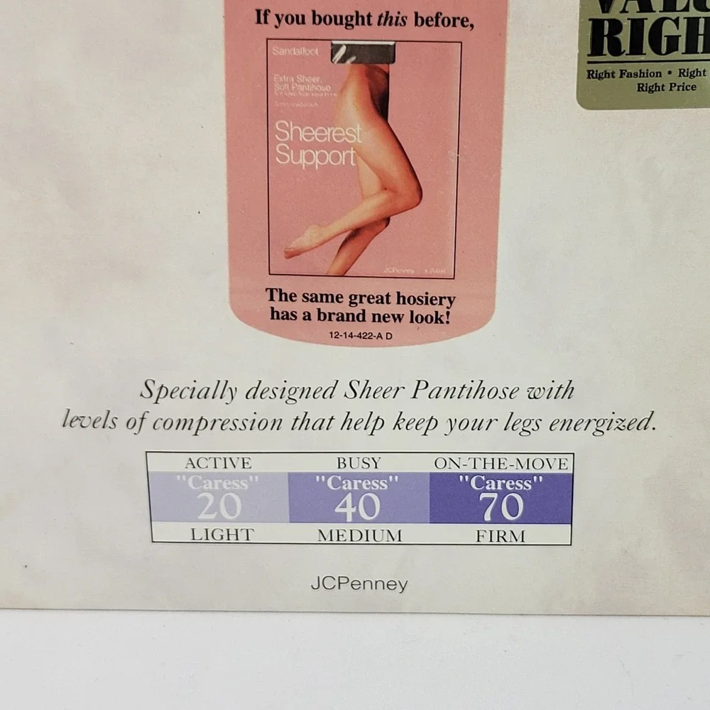 JCPenny Sheer Caress Extra Sheer Support Pantyhose Queen Short Beige Sandalfoot